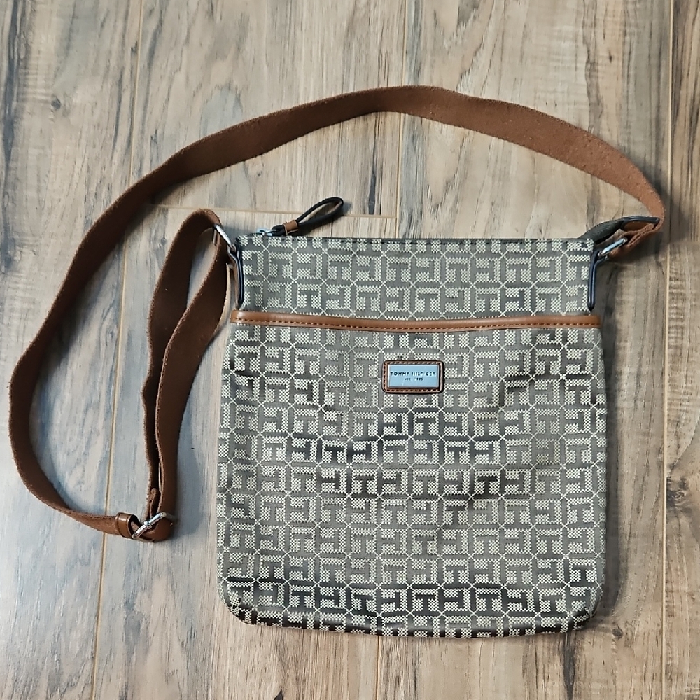 Tommy Hilfiger Women's Stylish Brown Monogrammed Crossbody Bag